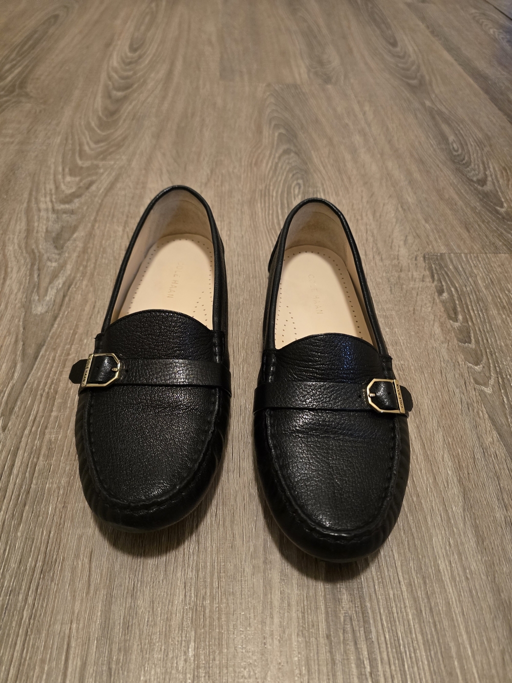 Cole Haan Black Leather Slip-On Loafers with Gold Buckle